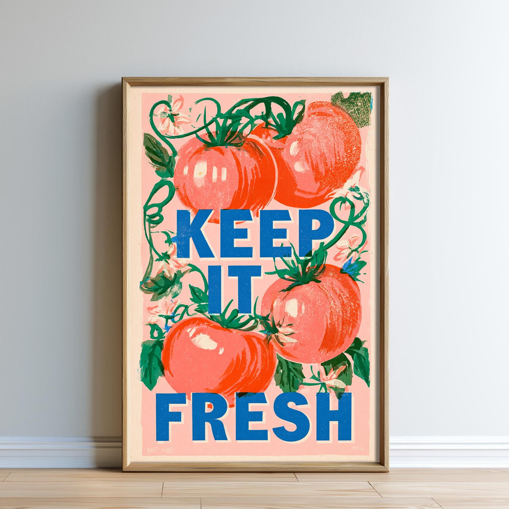 The image is a framed poster with a vibrant design featuring tomatoes and leaves, along with the text "KEEP IT FRESH" prominently displayed.