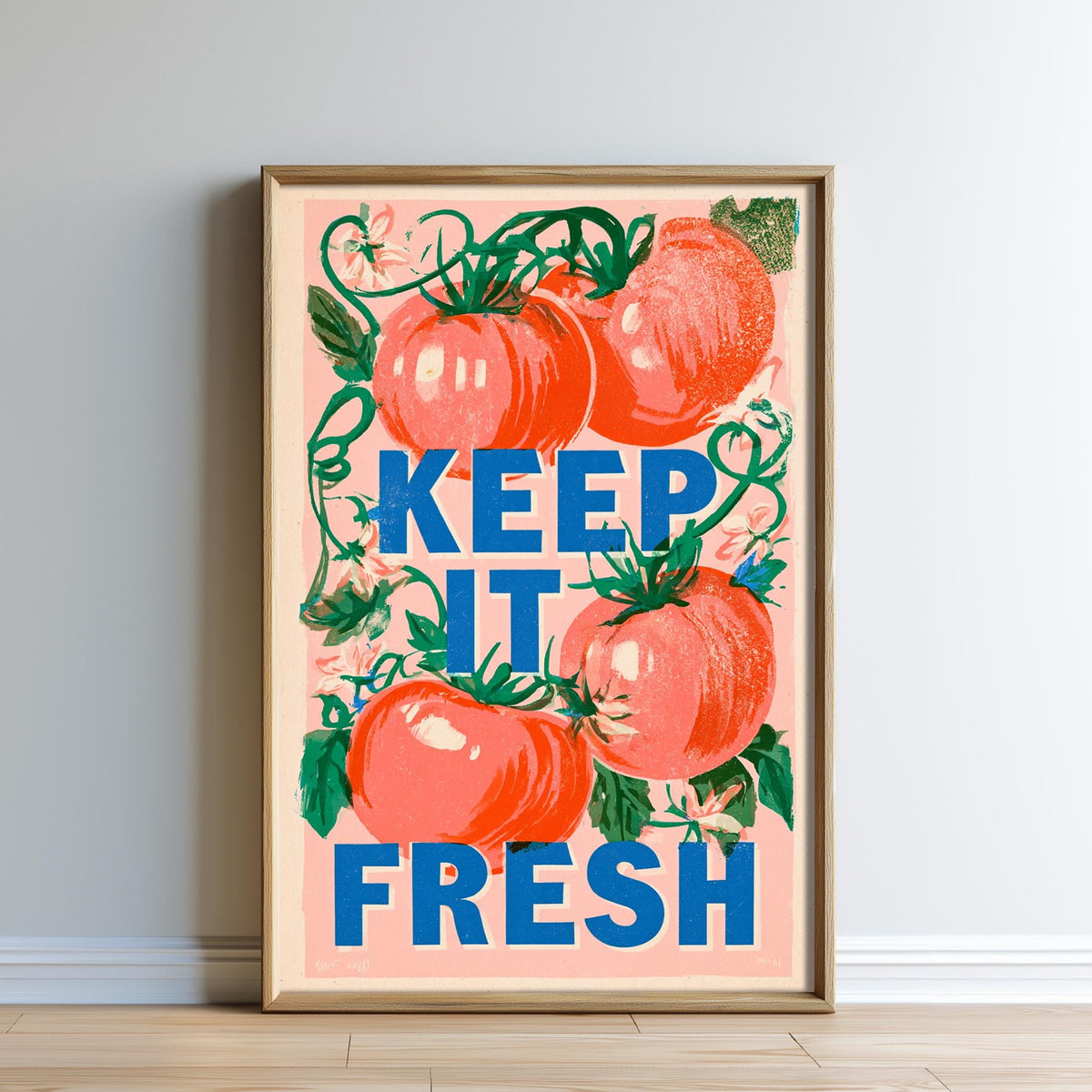The image is a framed poster with a vibrant design featuring tomatoes and leaves, along with the text "KEEP IT FRESH" prominently displayed.