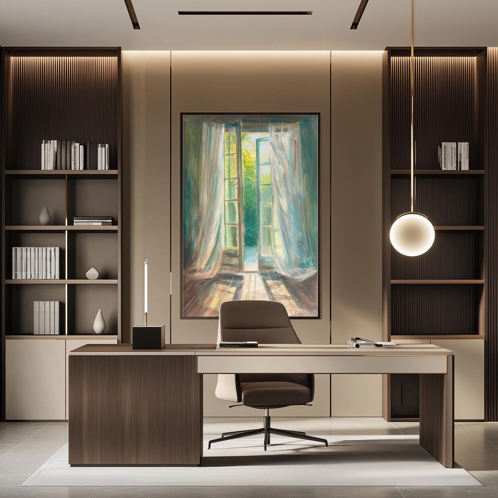 a modern and well-lit office space with a large painting of an open window on the wall, a wooden desk with a chair, and built-in bookshelves.