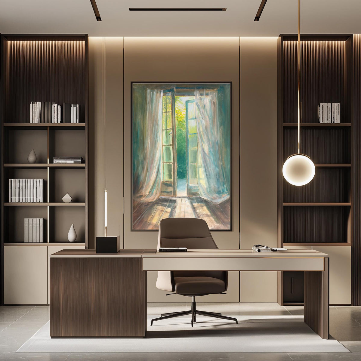 a modern and well-lit office space with a large painting of an open window on the wall, a wooden desk with a chair, and built-in bookshelves.