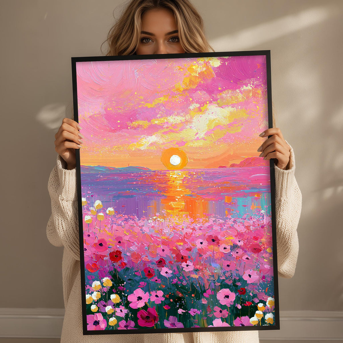 A woman holds up a framed painting depicting a vibrant sunset over a field of colorful flowers.