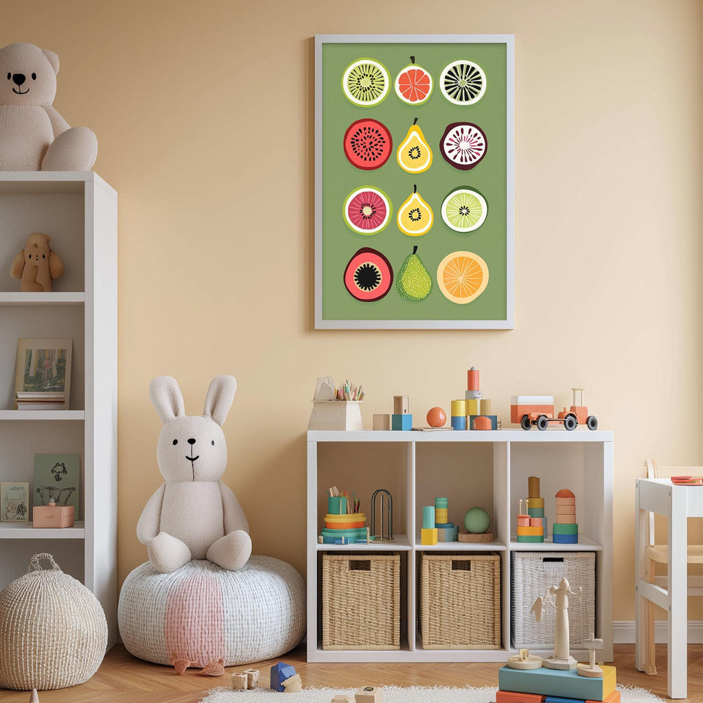 A child's bedroom with a white bookshelf, a stuffed rabbit, a toy train, and a colorful fruit-themed poster on the wall.