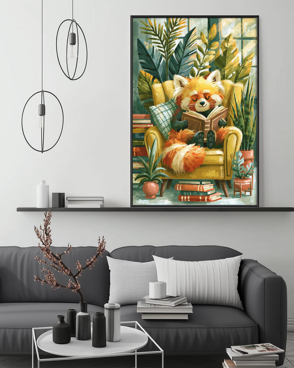 a cozy living room with a gray sofa, a coffee table, and a large framed painting of a red panda sitting in a chair and reading a book. The painting is surrounded by various decorative elements, such as potted plants, vases, and books, creating a warm and inviting atmosphere.