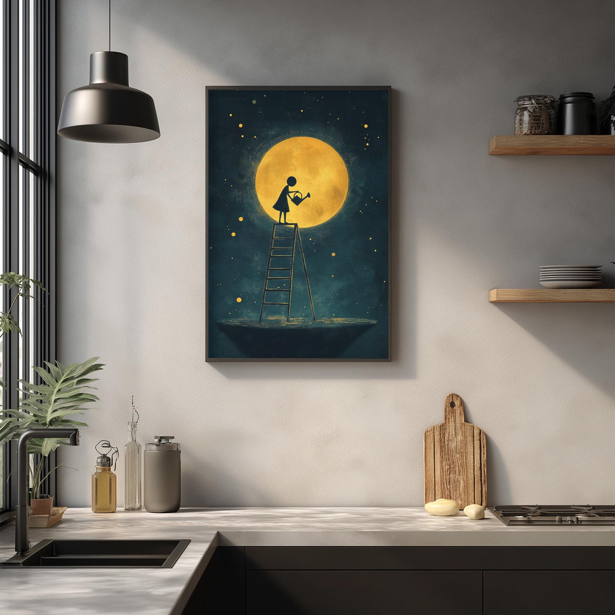 a kitchen scene with a framed illustration of a person standing on a ladder, looking up at the moon and stars in the night sky.
