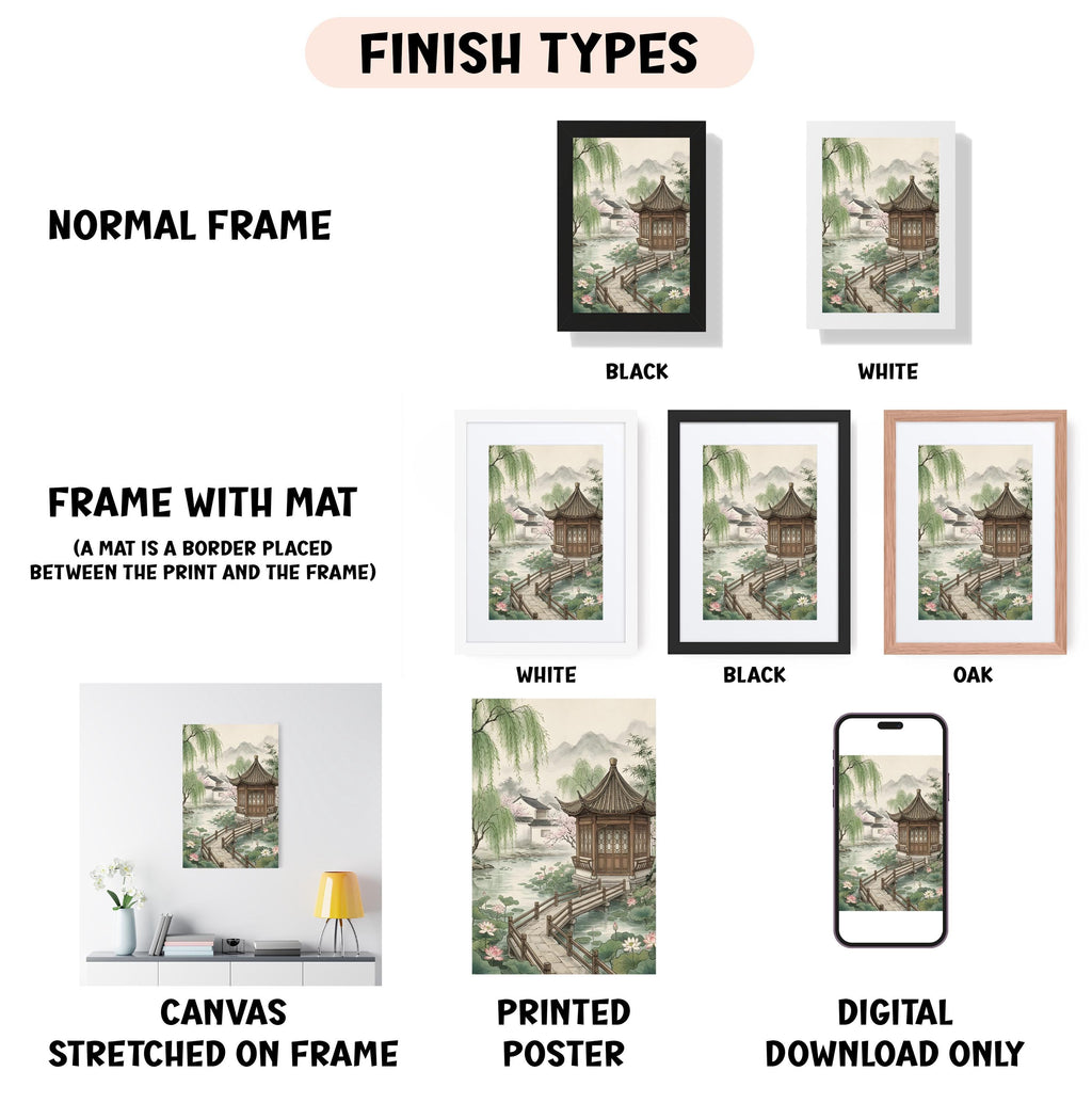 various types of artwork, including a painting of a traditional Japanese temple, framed in different styles and colors.
