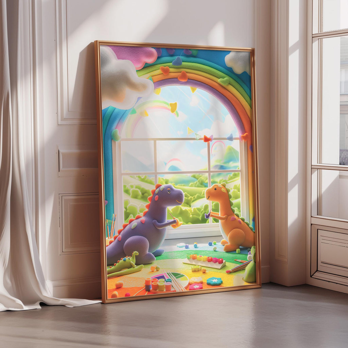 A large framed poster depicting two colorful dinosaurs, one purple and one orange, sitting on a windowsill and looking out at a vibrant, whimsical landscape with a rainbow, clouds, and a castle in the background.