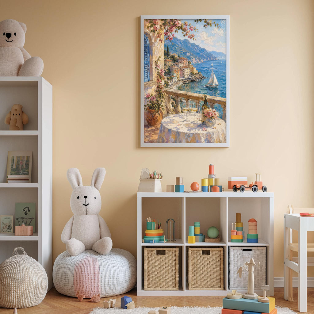 A cozy children's room with a large painting of a coastal town, a teddy bear, a toy train, and a toy castle. The room has a warm, inviting atmosphere with beige walls and a wooden floor.