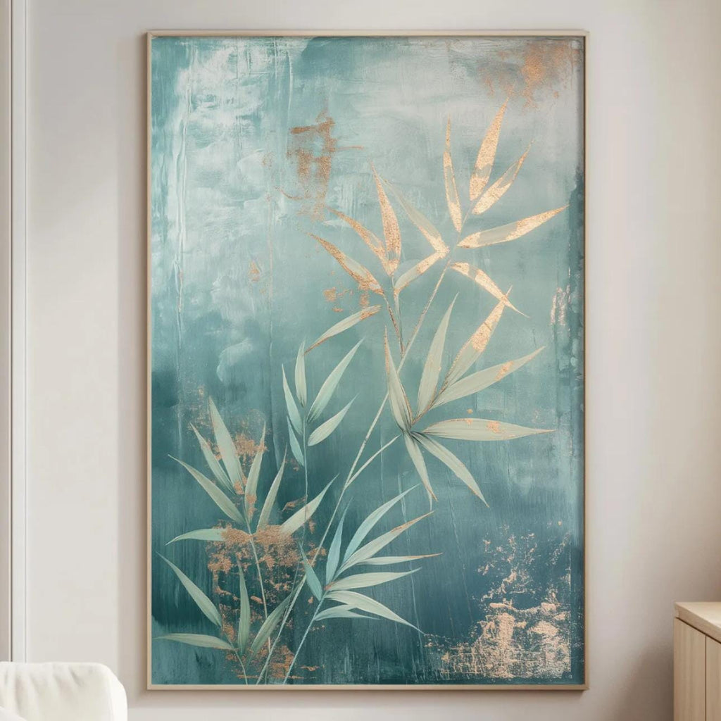 a living room with a large painting of green and gold leaves hanging on the wall. The painting is framed in gold and is the focal point of the room. The room also includes a white sofa, a wooden side table, and a lamp on a wooden cabinet.