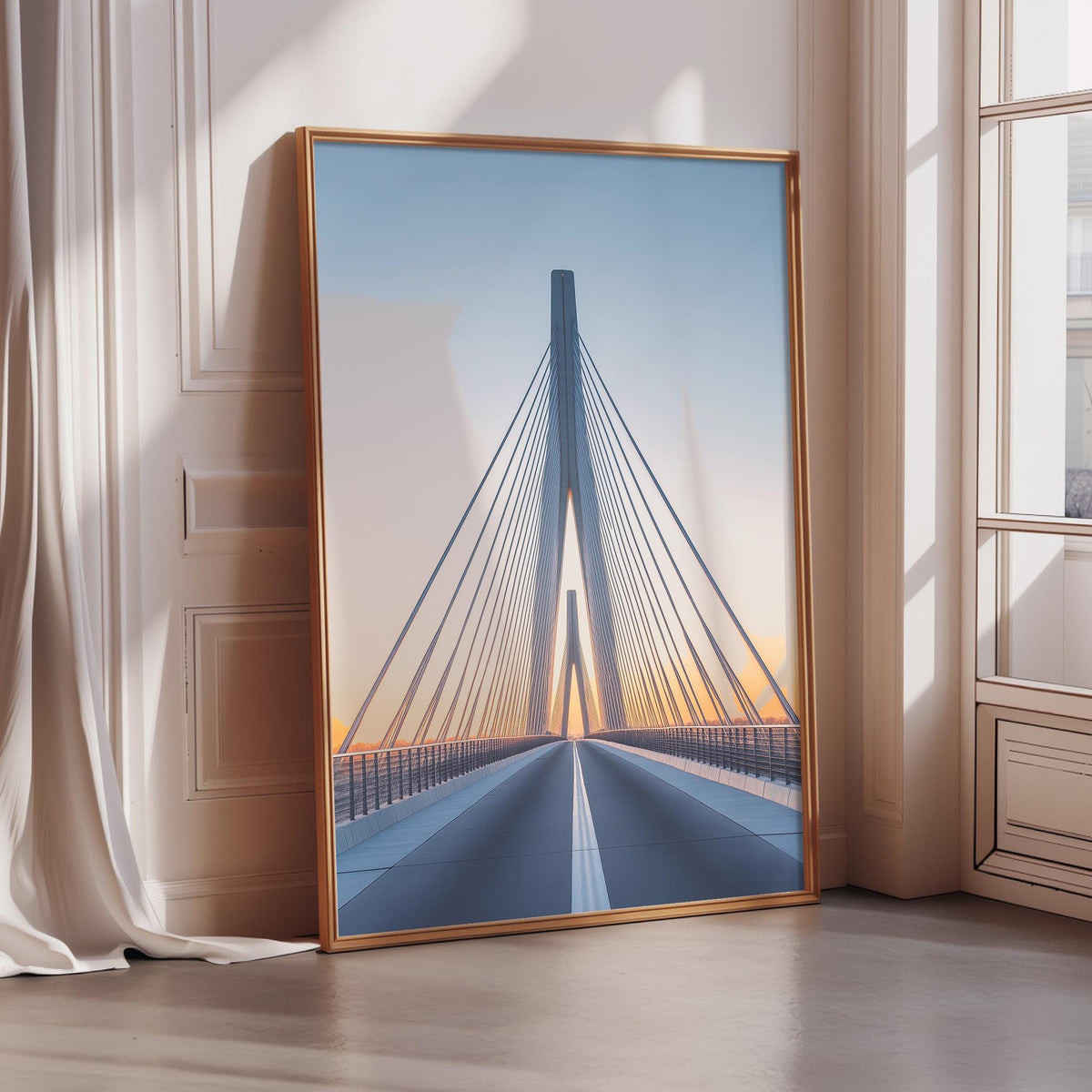 a large framed picture of a bridge with a clear blue sky in the background.