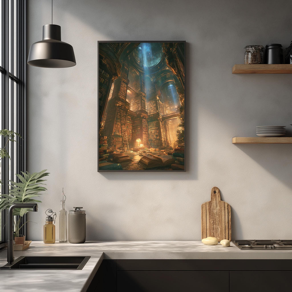 a kitchen scene with a large painting of a castle-like structure hanging on the wall above a countertop with various kitchen items such as a cutting board, a soap dispenser, and a plant.