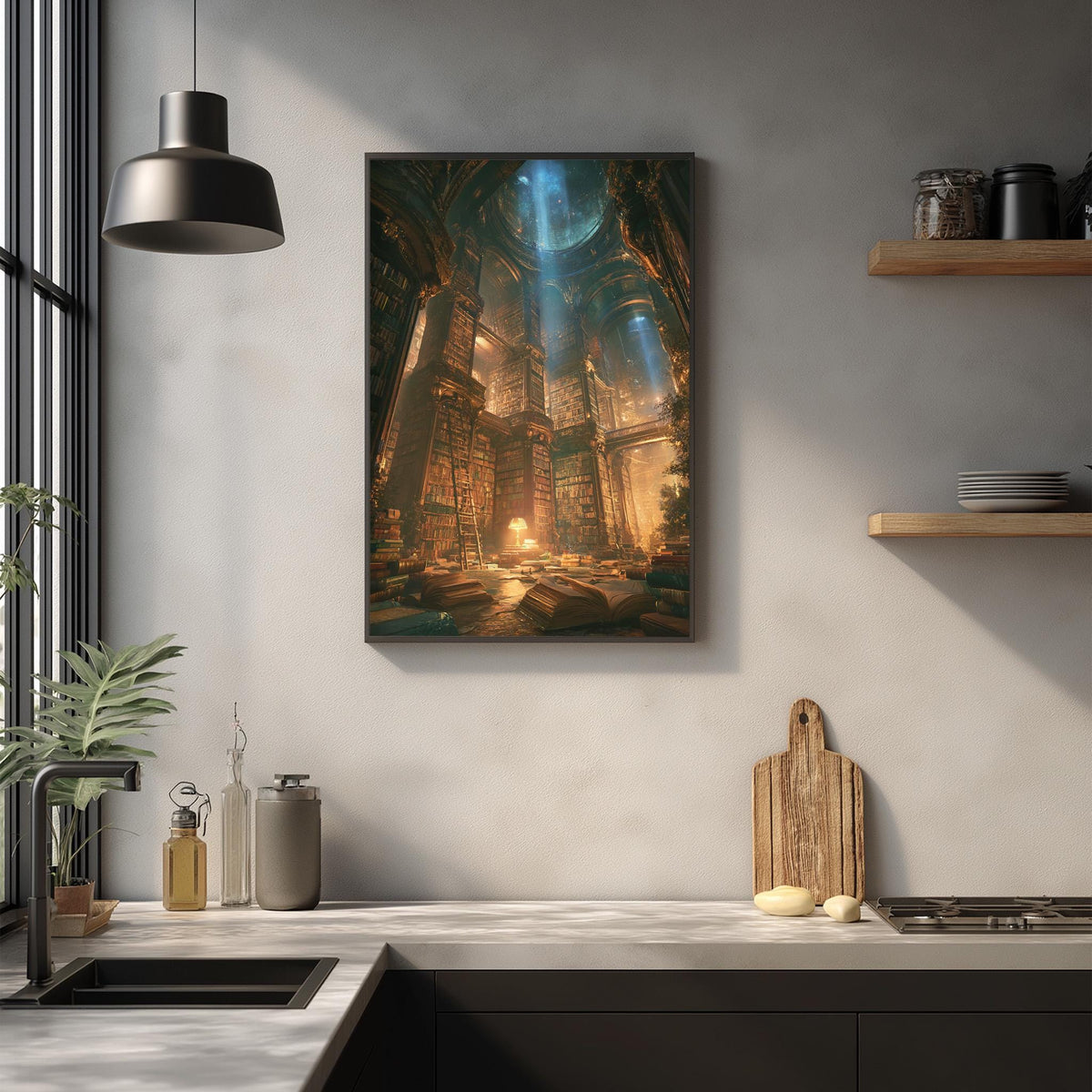 a kitchen scene with a large painting of a castle-like structure hanging on the wall above a countertop with various kitchen items such as a cutting board, a soap dispenser, and a plant.