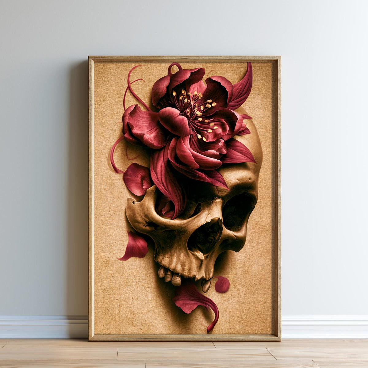 a skull with a large, vibrant red flower growing out of it, set against a beige background.