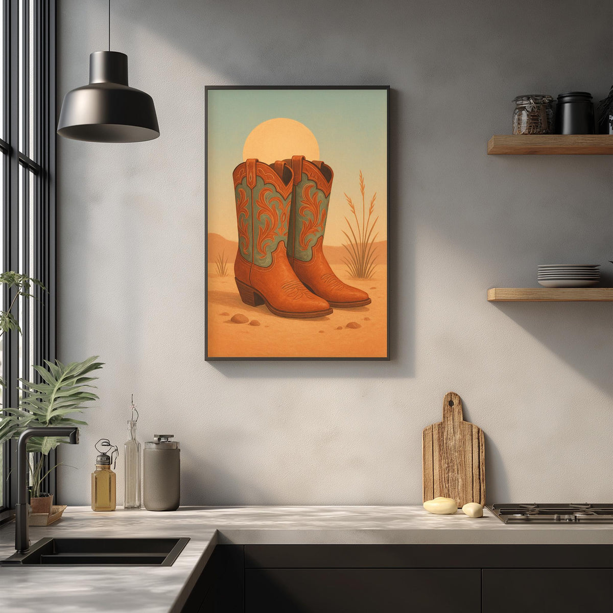 a framed illustration of a pair of cowboy boots on a wall, with a desert landscape in the background.