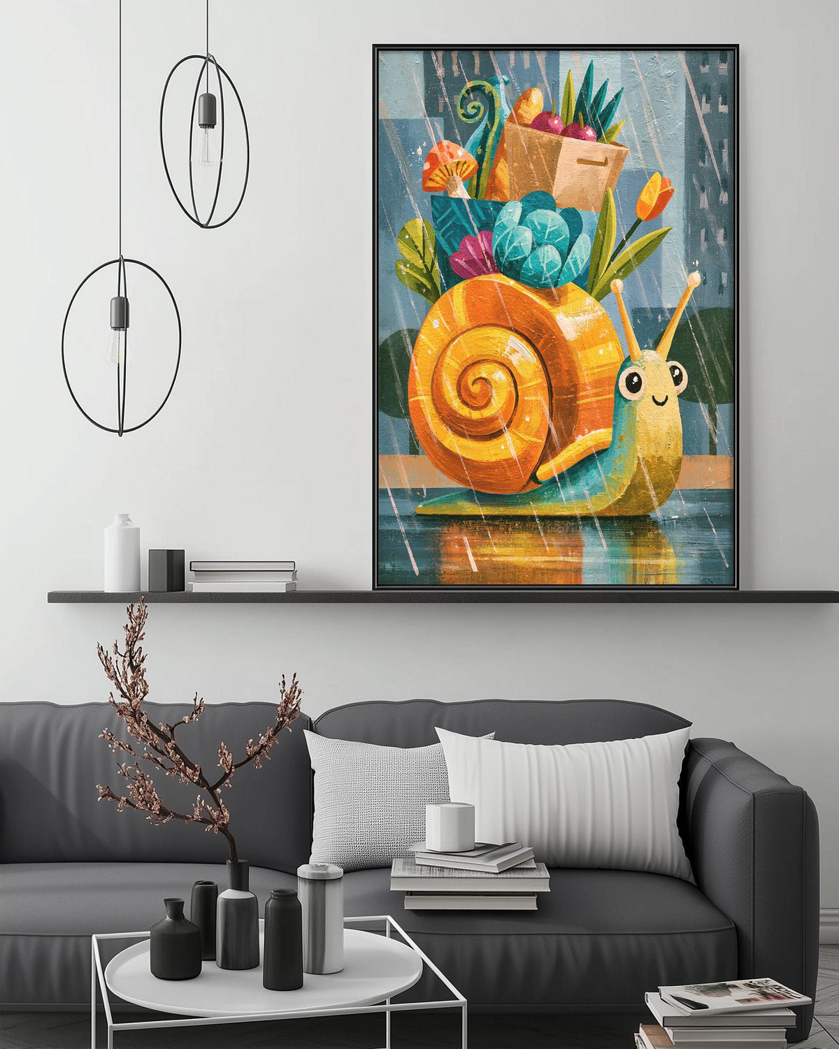 a cozy living room with a gray sofa, a coffee table, and a large painting of a snail on a flower-filled vase hanging on the wall above the sofa.