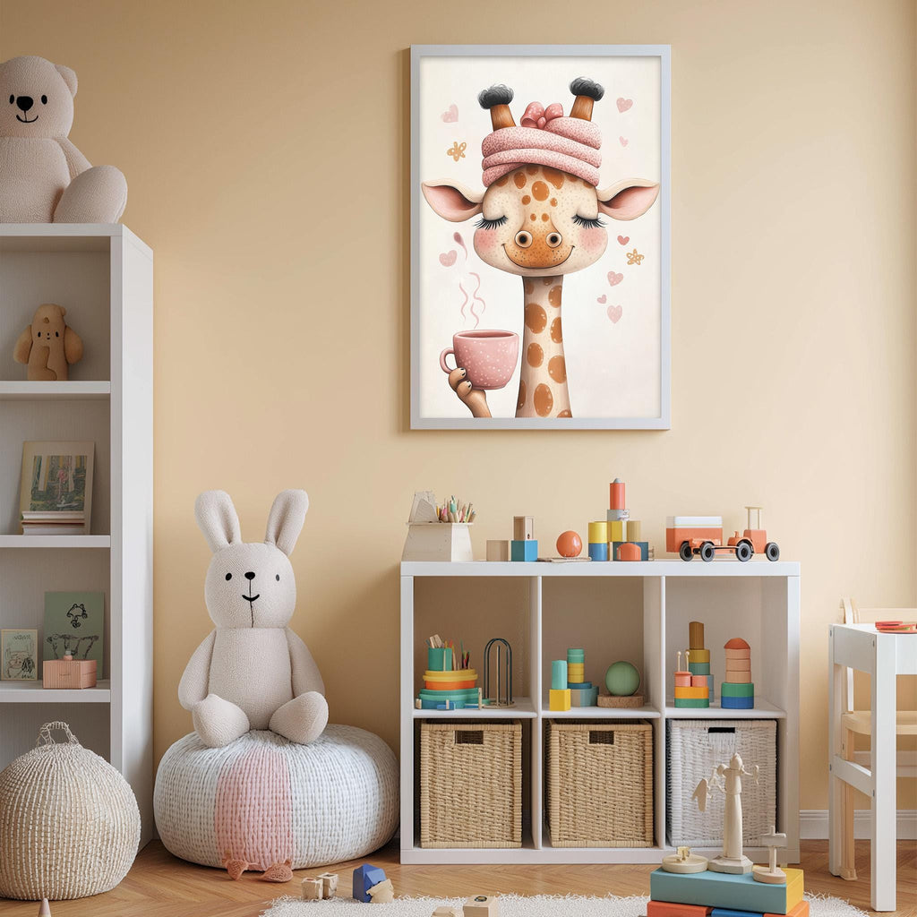 A cozy and colorful children's bedroom with a large stuffed animal, a framed illustration of a giraffe, and various toys and storage bins.
