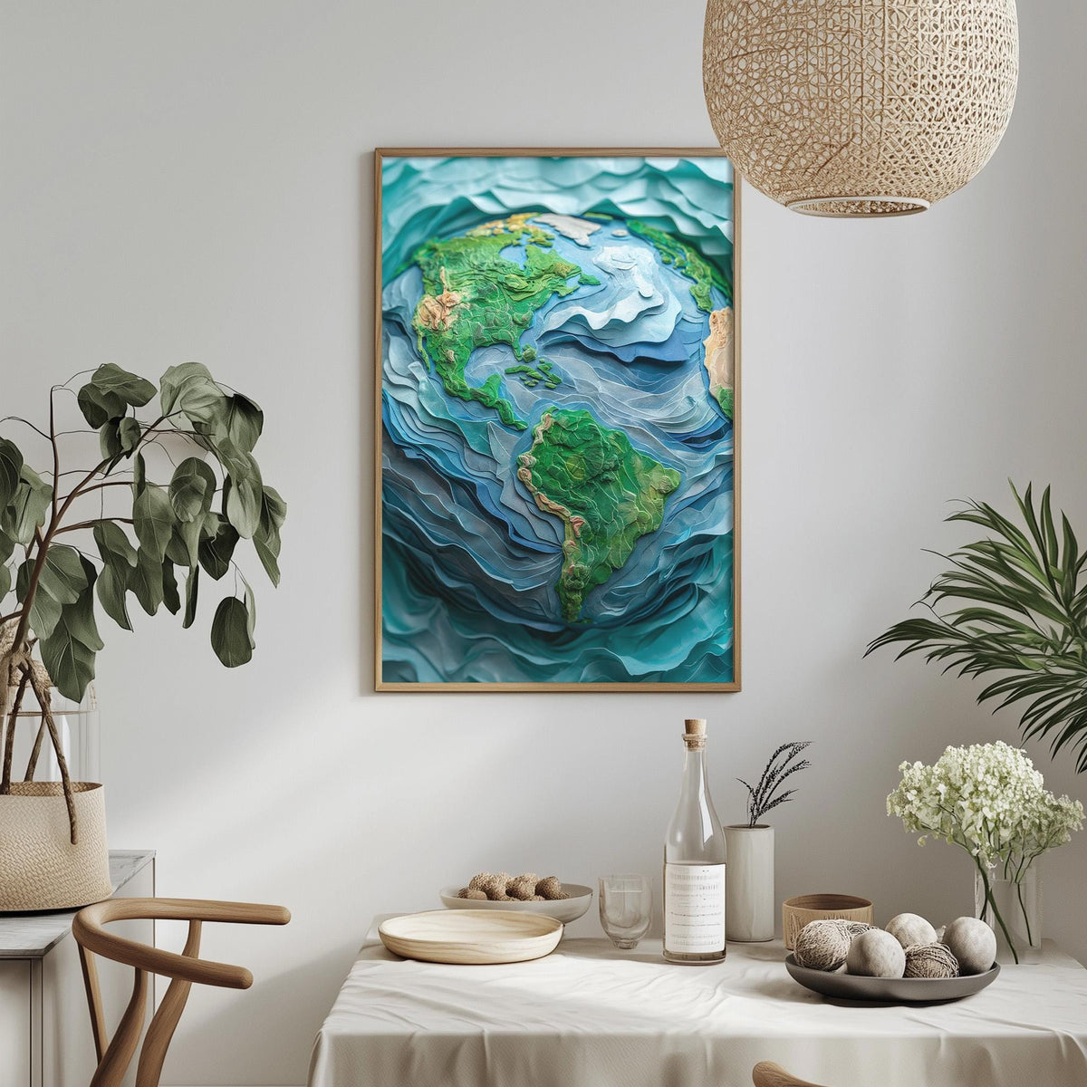 a large, colorful painting of the Earth hanging on a wall, with a dining table and chairs in the foreground.