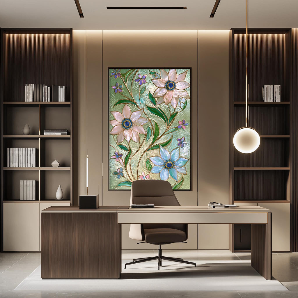 a modern and well-lit office space with a large floral painting on the wall, a wooden desk with a chair, and built-in bookshelves.