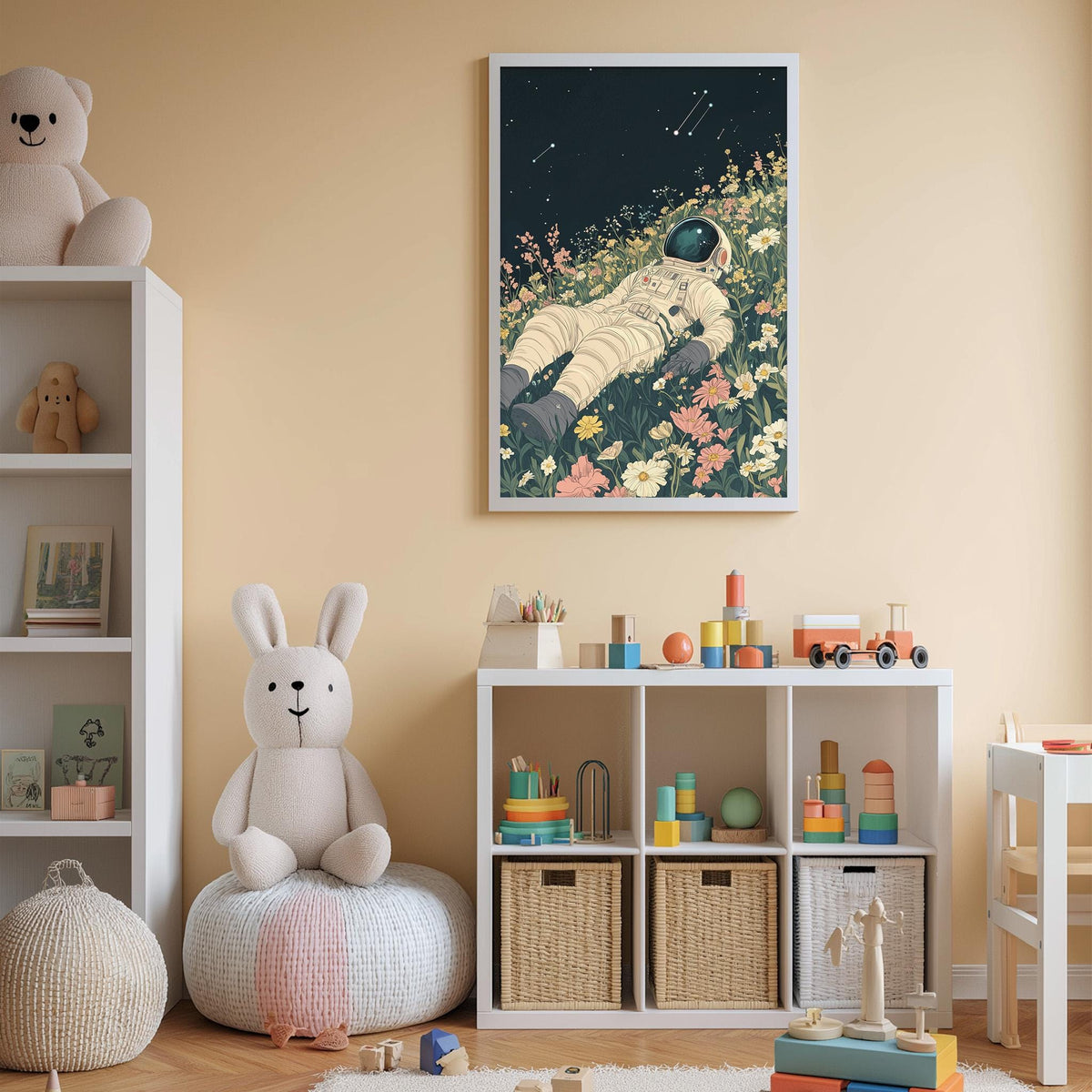A child's bedroom with a large stuffed rabbit, a bookshelf, and a cubby filled with toys. A framed artwork of an astronaut is displayed on the wall above the cubby.