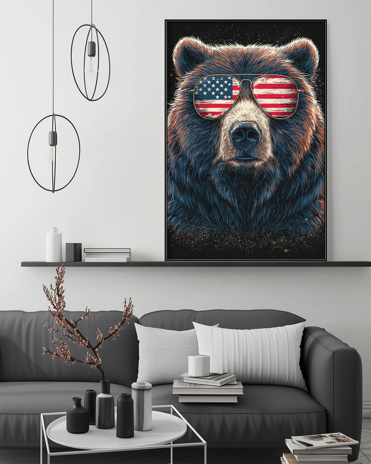 a large bear wearing sunglasses with an American flag design, set against a black background.