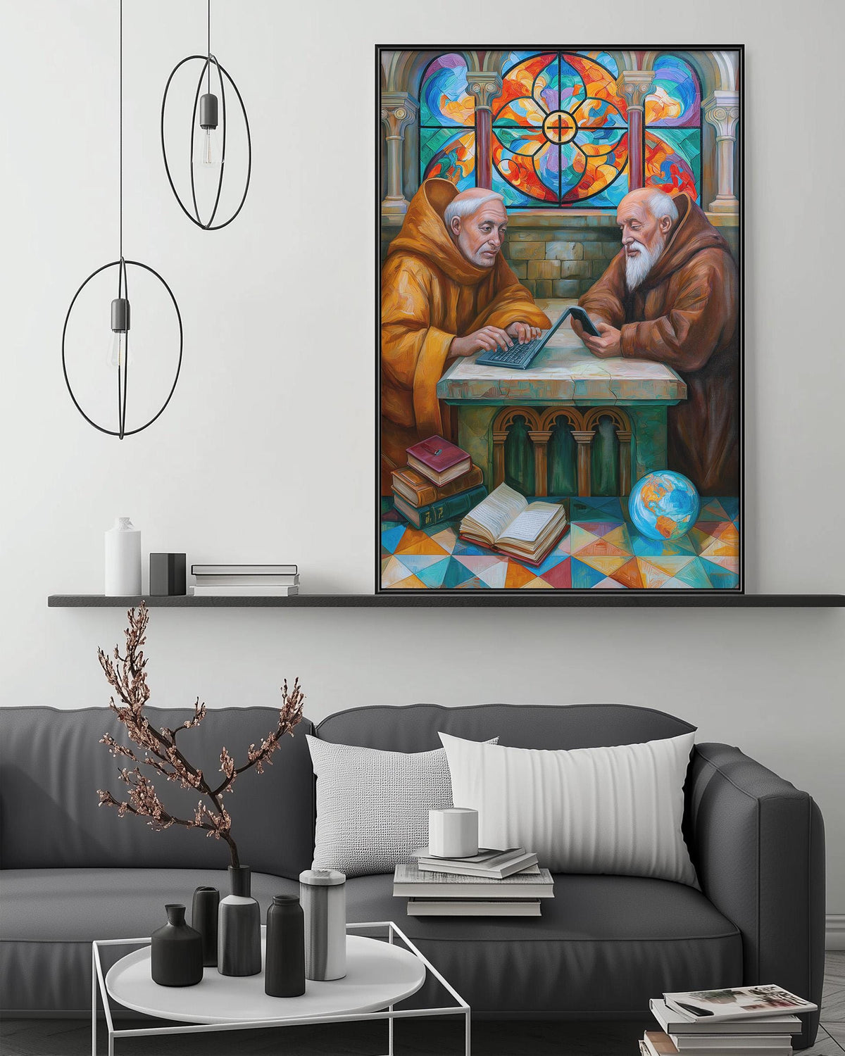 a large painting of two elderly men, possibly monks, sitting at a table and using a laptop. The painting is hanging on a wall above a gray couch in a living room setting.