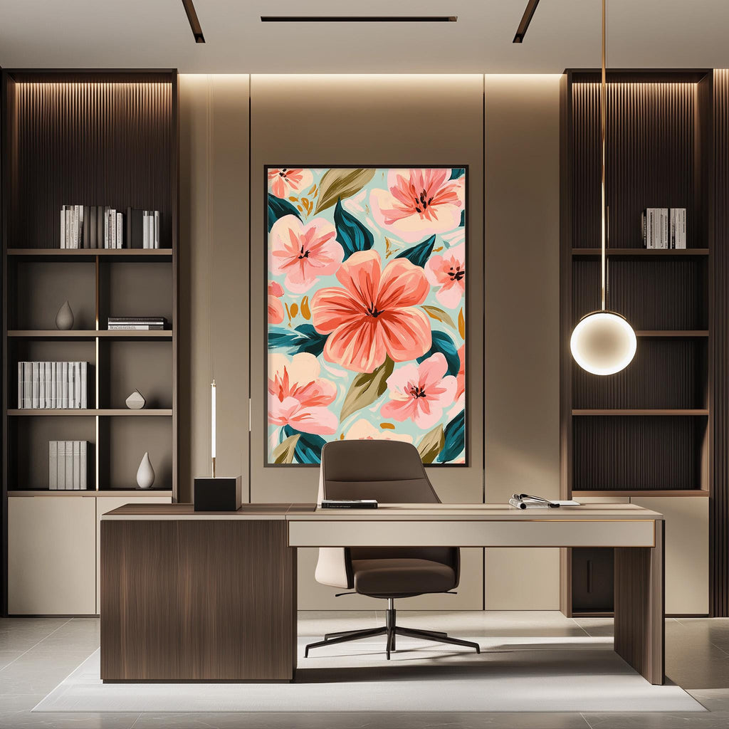 a modern and stylish home office with a large floral artwork hanging on the wall above a wooden desk. The desk is positioned in front of a bookshelf, creating a cozy and functional workspace.
