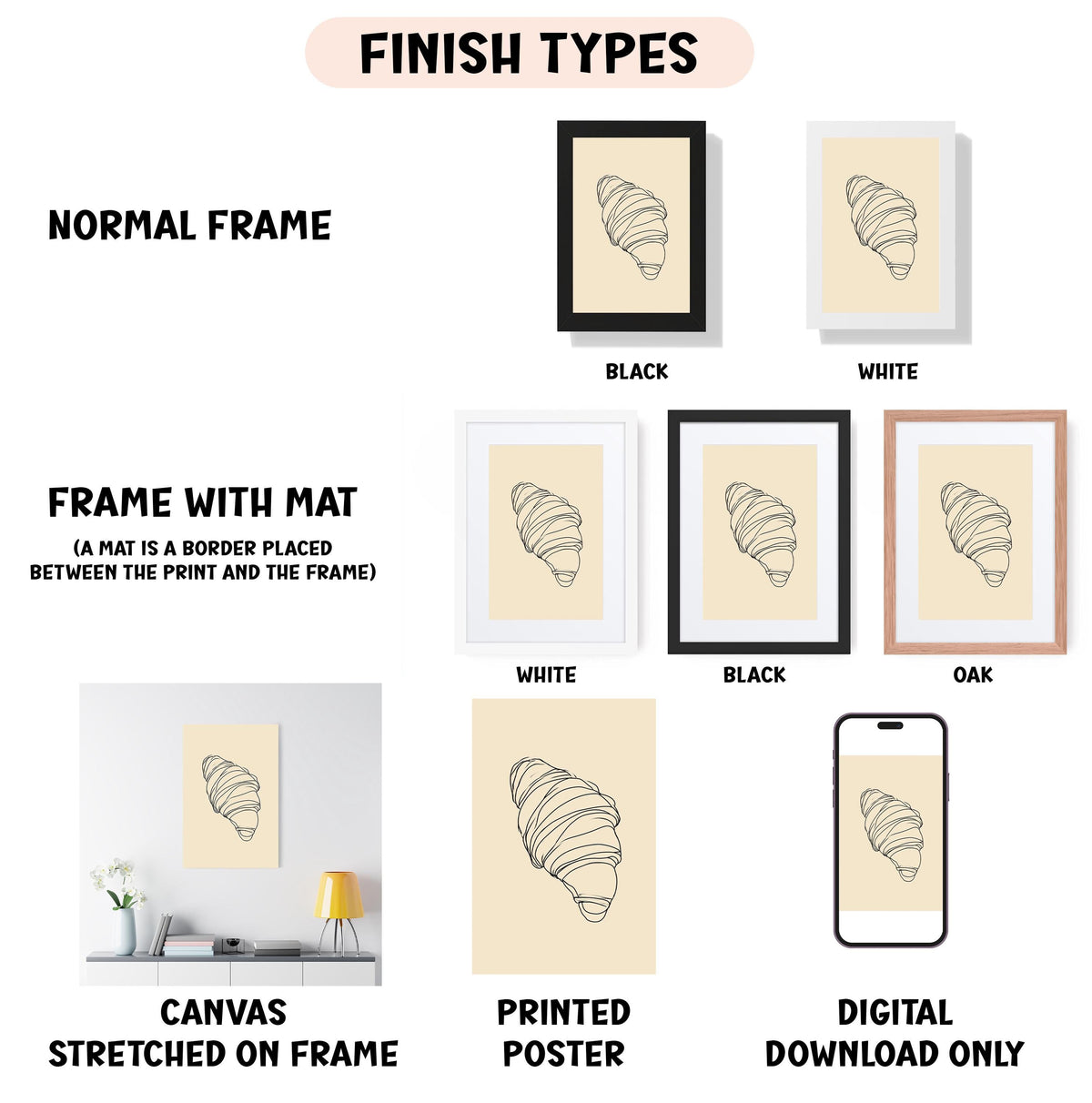 various finish types for framed artworks, including a normal frame, a frame with a mat, a white frame, a black frame, an oak frame, a white canvas stretched on a frame, a printed poster, and a digital download only.