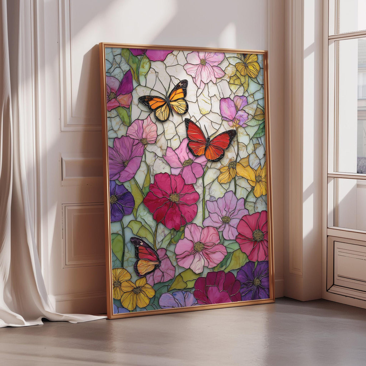 A framed stained glass artwork depicting a vibrant array of colorful flowers and butterflies is displayed on a wall in a room with a window.