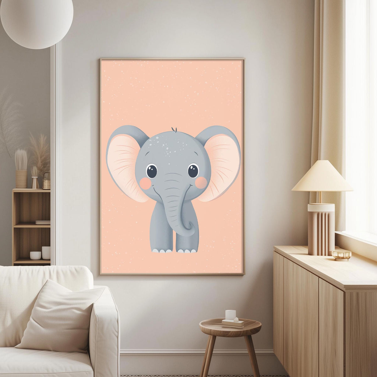 a cozy living room with a large framed picture of a cute elephant on the wall. The elephant is depicted in a playful and whimsical manner, with large ears and a small trunk. The room is furnished with a white couch and a wooden side table, creating a warm and inviting atmosphere.