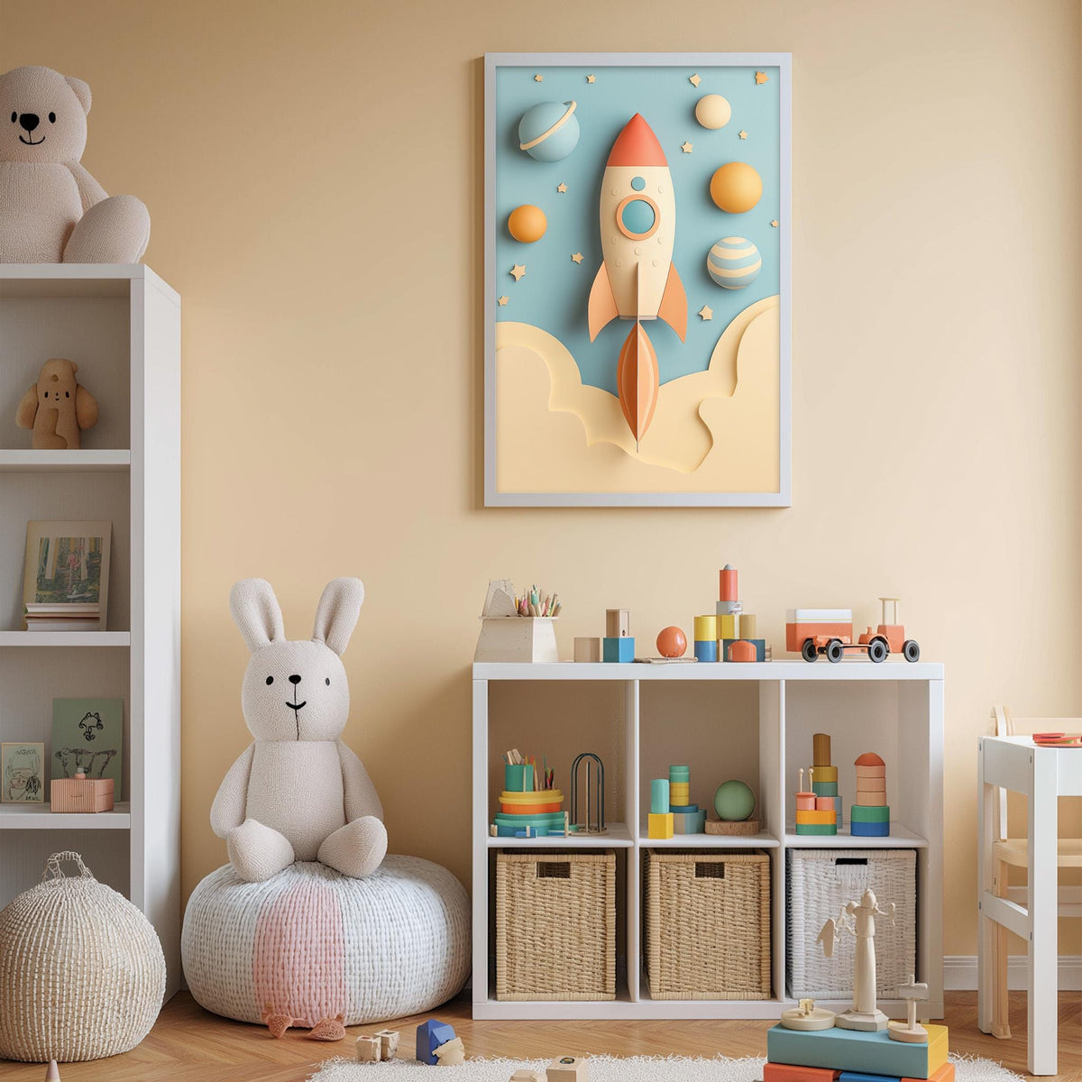 A child's bedroom with a white bookshelf, a stuffed rabbit, a rocket ship artwork, and various toys and storage bins.