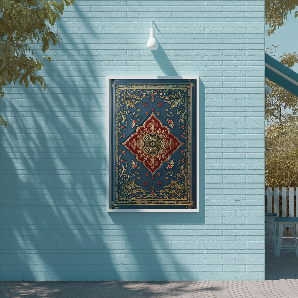 a blue brick wall with a framed picture hanging on it. The picture is a large, ornate, and colorful piece of art, possibly a tapestry or a painting.