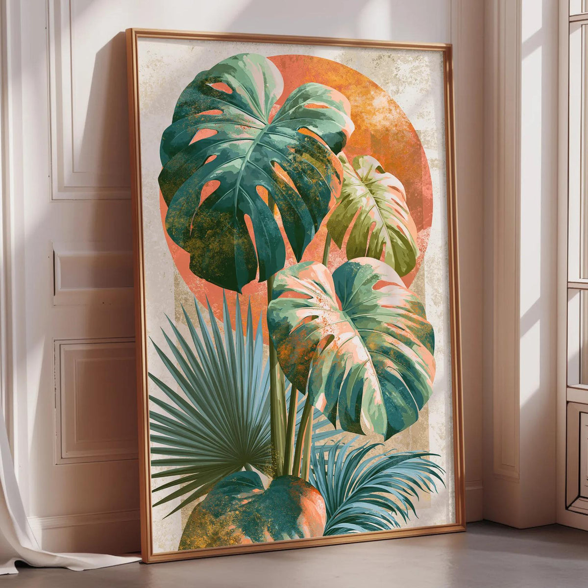 a large framed artwork depicting a tropical scene with palm leaves and other exotic plants.