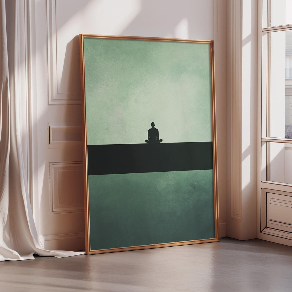 A large framed poster depicting a person sitting in a meditative pose on a green background, with a black line across the middle.