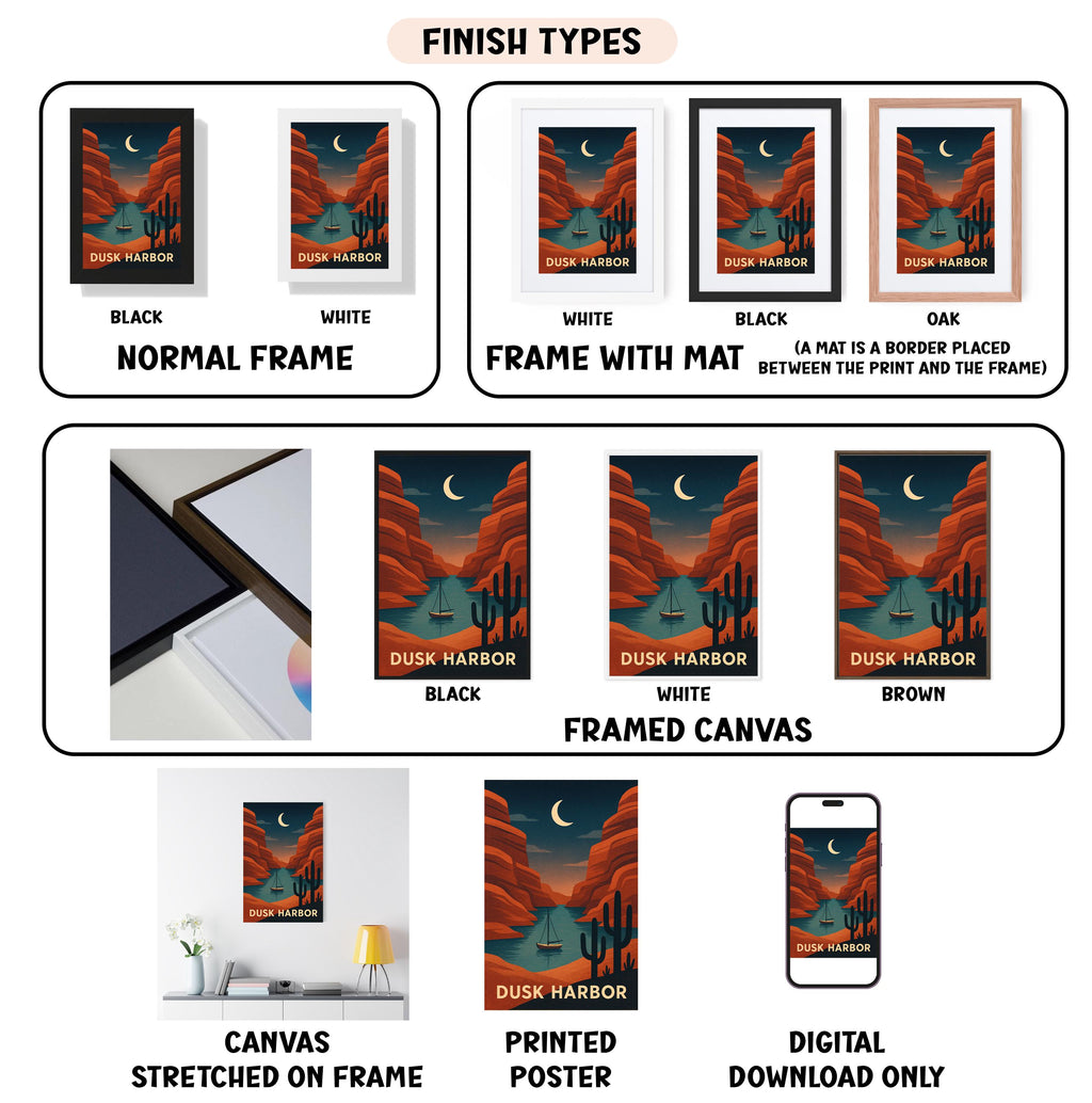 various finish types for a Dusk Harbor poster, including a black and white normal frame, a white frame with a mat, a black frame, a white framed canvas, a stretched canvas, a printed poster, and a digital download only.