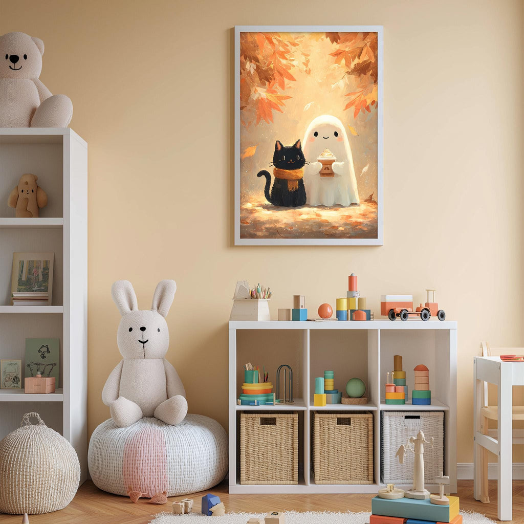 a cozy and colorful children's bedroom with a white bookshelf, a stuffed rabbit, a stuffed cat, and a framed picture of a ghost and a bunny.