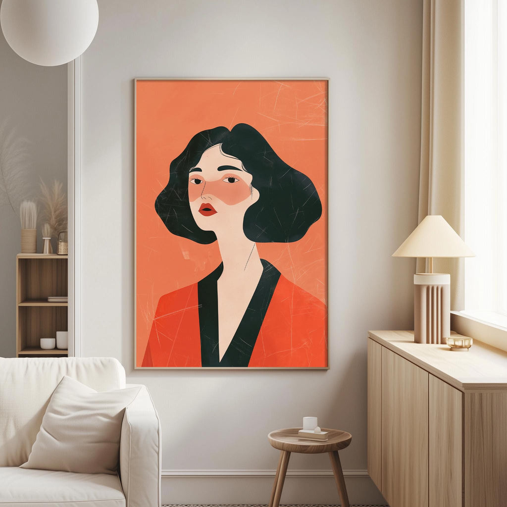 a modern living room with a large, colorful abstract portrait of a woman in an orange and black outfit hanging on the wall.