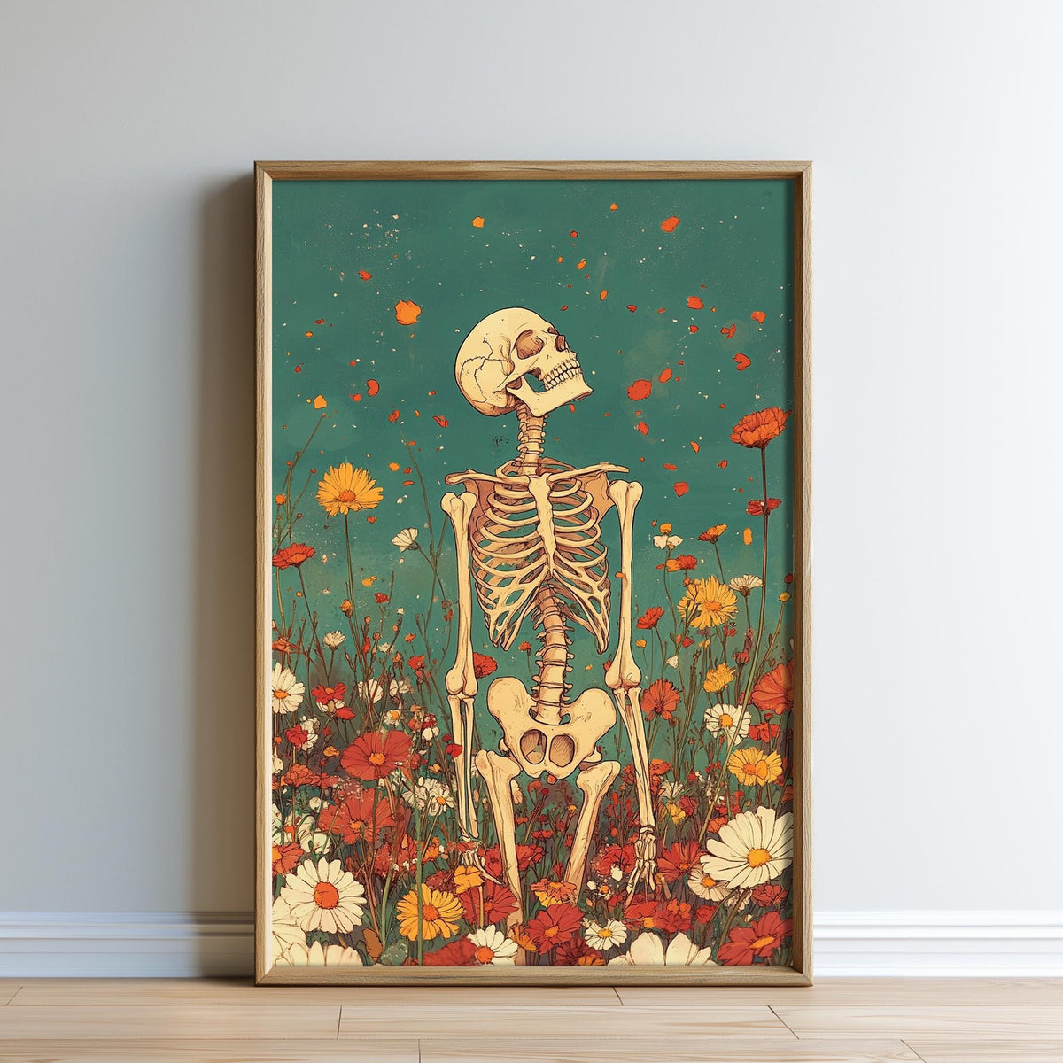 The image is a framed artwork depicting a skeleton standing amidst a field of flowers.