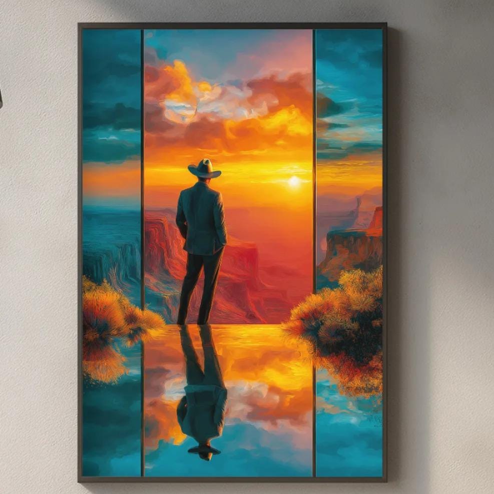 a modern kitchen with a large, colorful painting of a person standing in front of a sunset, which is hanging on the wall above a wooden cutting board and other kitchen items.