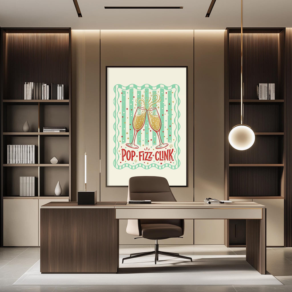 a modern office space with a large framed poster on the wall that reads "POP-FIZ CLINK". The office has a wooden desk, a chair, and a bookshelf filled with books. The overall design and decor create a professional and stylish atmosphere.