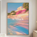 a large, colorful painting of a beach scene hanging on a wall in a living room.