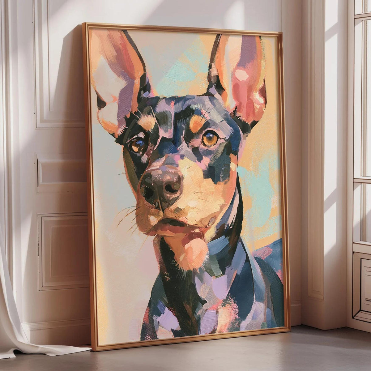 A large framed painting depicting a close-up portrait of a dog with a colorful, abstract expression.