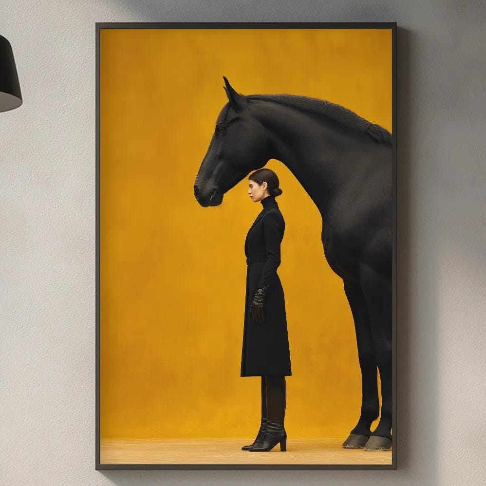 a woman standing next to a black horse in a kitchen setting.