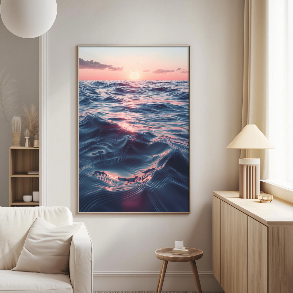 a large, framed painting of a serene ocean scene with a sunset in the background, hanging on a wall in a living room.