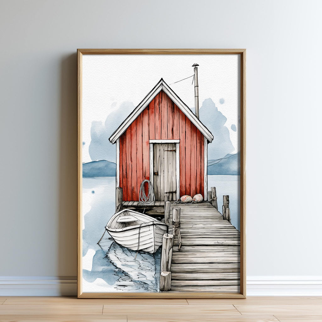 A framed illustration depicting a red wooden cabin with a small boat docked at a wooden pier, set against a serene body of water and a cloudy sky.
