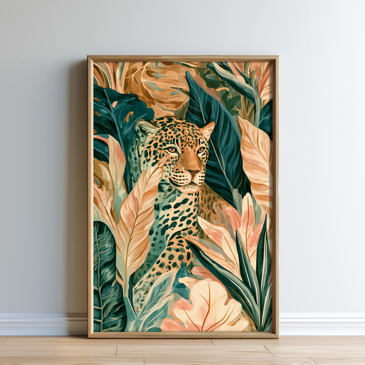 A framed print depicting a leopard surrounded by tropical foliage, including palm leaves and other vibrant green leaves.