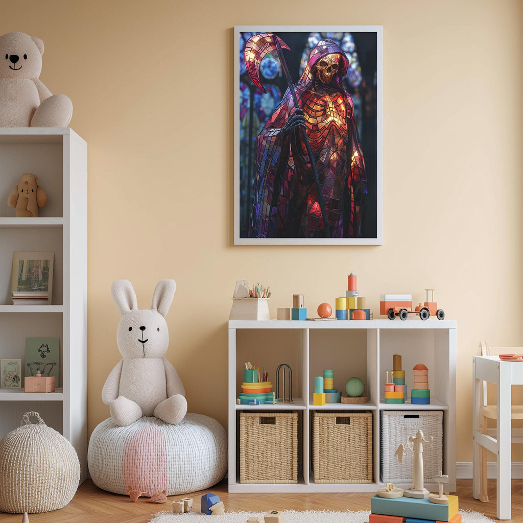 a child's bedroom with a large framed artwork of a skeleton on the wall, a white bookshelf filled with toys, and a stuffed rabbit sitting on a bean bag chair.