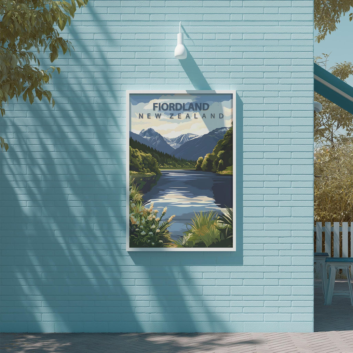 a framed poster of a scenic landscape with mountains, a lake, and lush vegetation, mounted on a light blue brick wall.