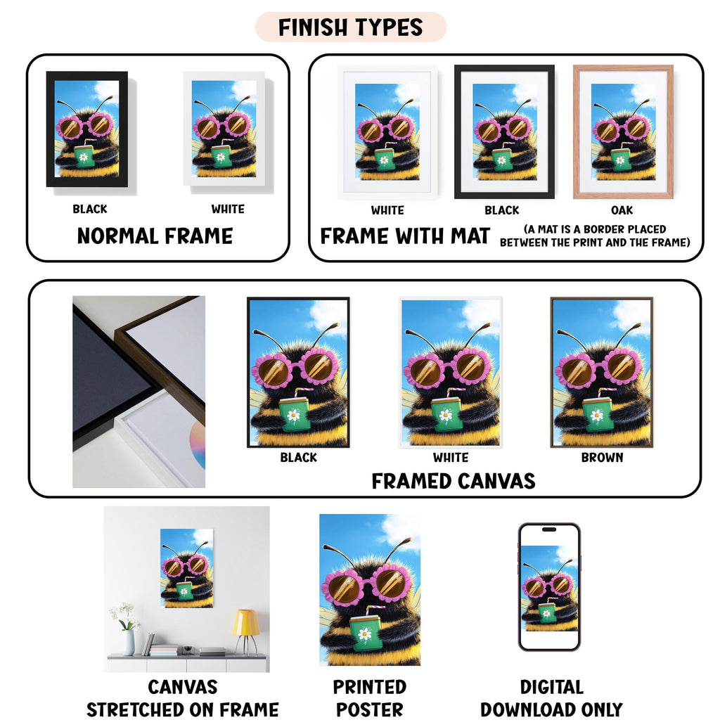 various finish types for a framed artwork of a bee, including black, white, black, oak, white, framed canvas, and digital download only.