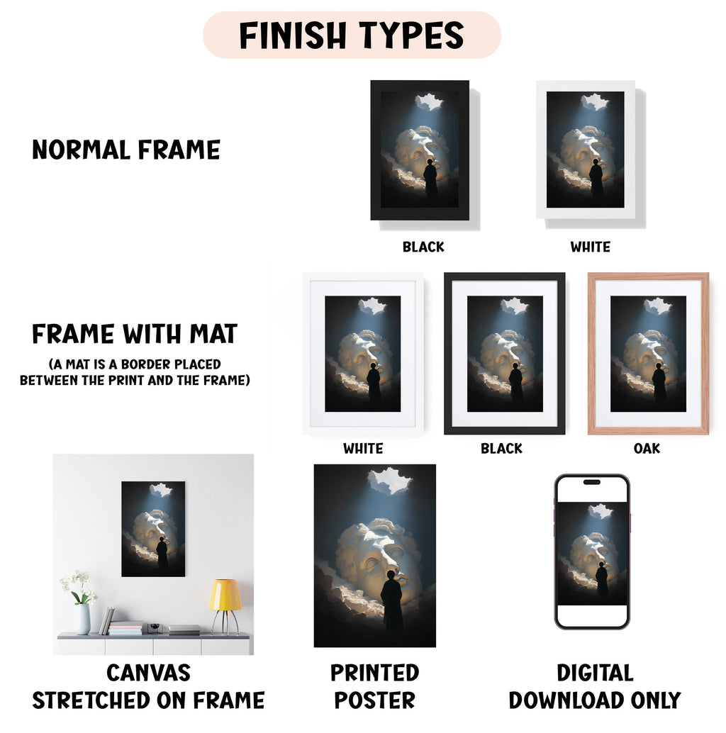 various types of artwork, including a canvas stretched on a frame, a framed poster, and a digital poster. The artwork is presented in different frame colors and styles, such as a normal frame, a black frame, a white frame, and an oak frame. The artwork is described as a canvas stretched on a frame, a framed poster, and a digital poster, and it is presented in different frame colors and styles, such as a white frame, a black frame, and an oak frame.