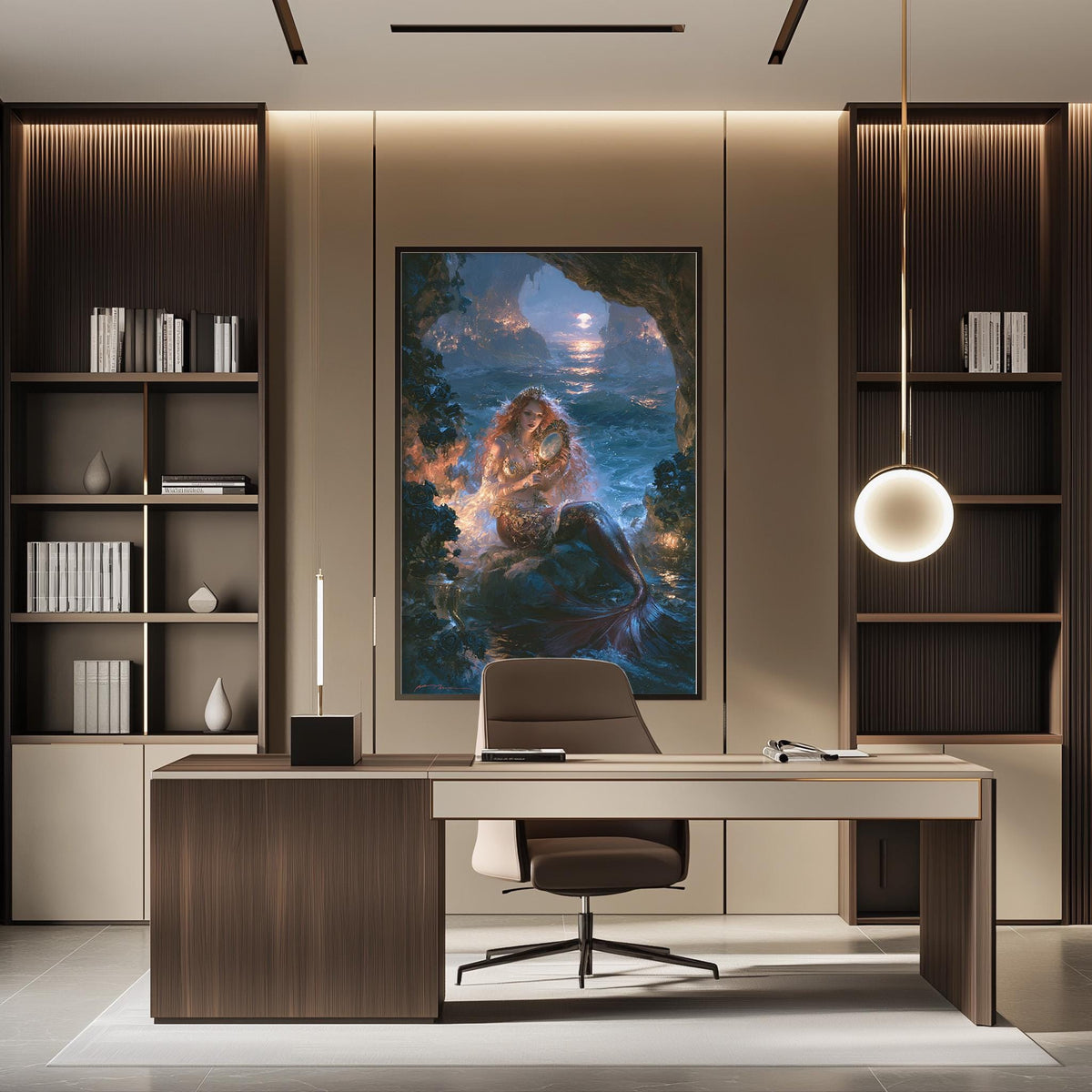 a modern office space with a large painting of a woman in a cave-like setting as the focal point. The office has a wooden desk, a chair, and a bookshelf with various books and decorative items. The overall design and layout of the space create a serene and creative atmosphere.