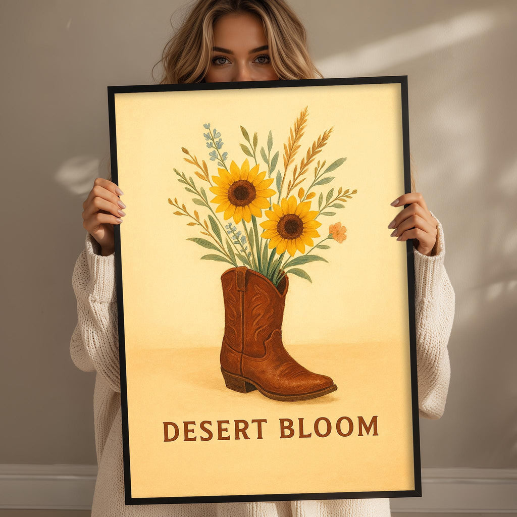 A woman holds up a framed print with a vibrant illustration of a cowboy boot filled with sunflowers and other flowers, accompanied by the text "Desert Bloom".